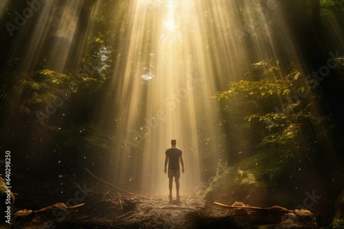 Natural Environment as a Spiritual Resource. Earth energy, Nature Spirituality, turning to nature, Nature-Based Spirituality Responsibly. Back view of person on nature background with sun light
