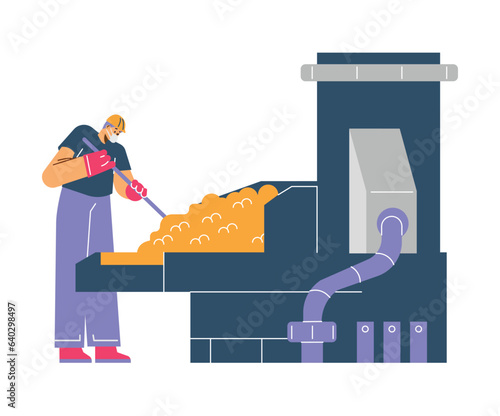 Factory worker threshing palm oil, flat vector illustration isolated on white background.