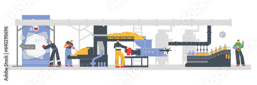 Process of palm oil production at factory, flat vector illustration isolated on white background.