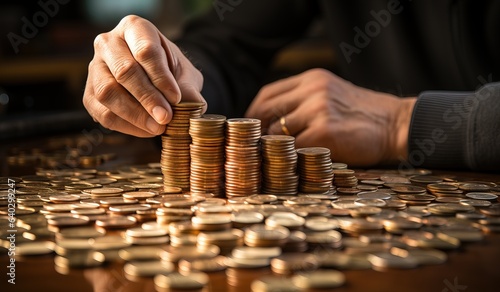 Finance concept. Investment graph on laptop and of coins on table