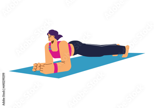 Woman doing elbow plank exercise on fitness mat, flat vector illustration isolated on white background.