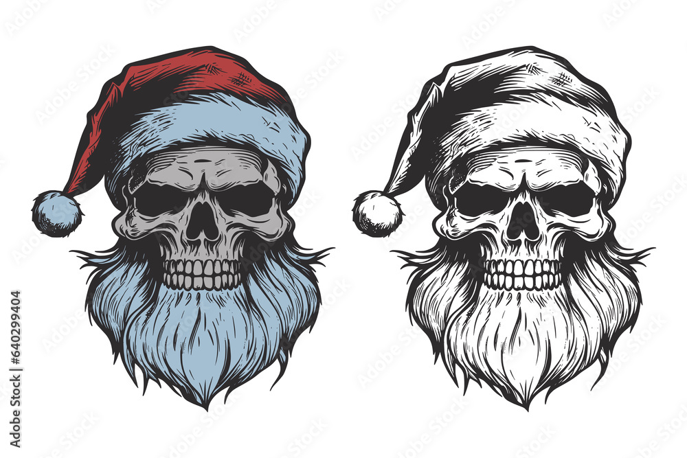 Fototapeta premium Set of vintage retro tattoo bad scary horror spooky skull skeleton santa claus in hat. Merry christmas xmas new year holiday halloween poster. Graphic Art. Engraving vector style illustration