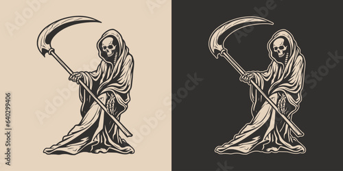 Vintage retro Halloween reaper death with scythe scary horror element. Monochrome Graphic Art. Vector. Hand drawn element in engraving. style