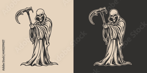 Vintage retro Halloween reaper death with scythe scary horror element. Monochrome Graphic Art. Vector. Hand drawn element in engraving. style