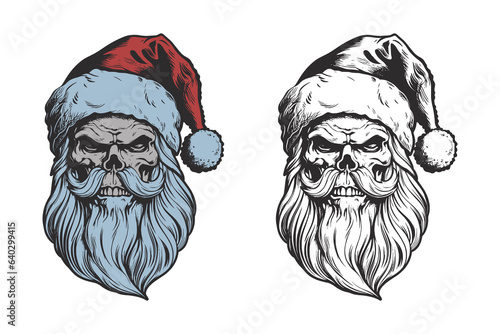 Set of vintage retro tattoo bad scary horror spooky skull skeleton santa claus in hat. Merry christmas xmas new year holiday halloween poster. Graphic Art. Engraving vector style illustration