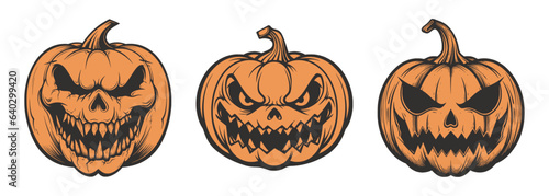 Set of scary spooky boo Halloween pumpkin lantern monster. Traditional autumn october american holiday symbol. Graphic Art	
