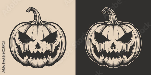 Set of scary spooky boo Halloween pumpkin lantern monster. Traditional autumn october american holiday symbol. Graphic Art	
