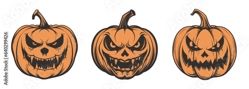 Set of scary spooky boo Halloween pumpkin lantern monster. Traditional autumn october american holiday symbol. Graphic Art	

