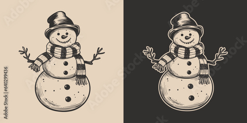 Set of vintage retro snowman snowflakes character with hat and carrot and scarf. Merry christmas xmas new year holiday halloween poster. Graphic Art. Engraving vector illustration