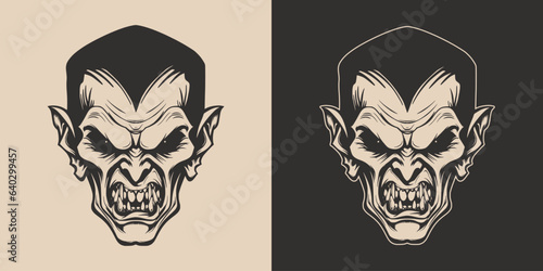 Vintage retro Halloween vampire dracula character face portrait. spooky scary horror element. Monochrome Graphic Art. Vector. Hand drawn element in engraving.