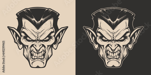 Vintage retro Halloween vampire dracula character face portrait. spooky scary horror element. Monochrome Graphic Art. Vector. Hand drawn element in engraving.