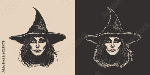 Vintage retro Halloween witch magic wisard female girl woman spooky scary horror element. Monochrome Graphic Art. Vector. Hand drawn element in engraving. style