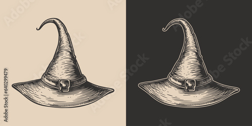 Vintage retro Halloween witch magic hat. Monochrome Graphic Art. Vector. Hand drawn element in engraving. style