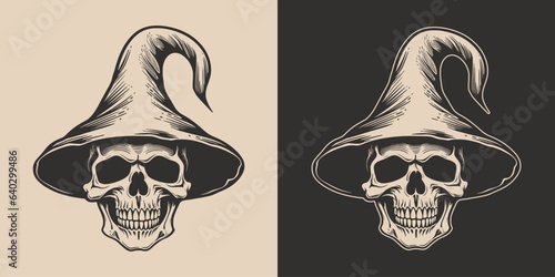 Vintage retro Halloween witch skull wisard in hat. Monochrome Graphic Art. Vector. Hand drawn element in engraving. style