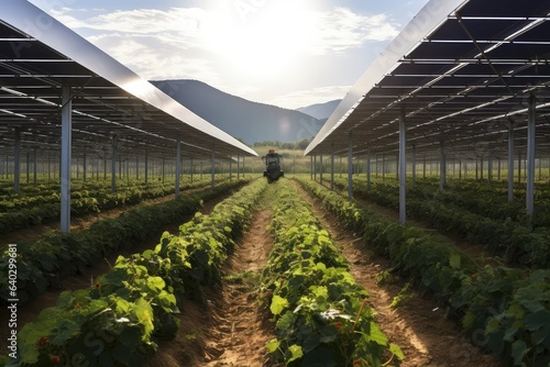 Agrivoltaics, Solar panels used along with agricultural crops, Renewable energy ESG 2050 carbon neutrality, 	
 photo