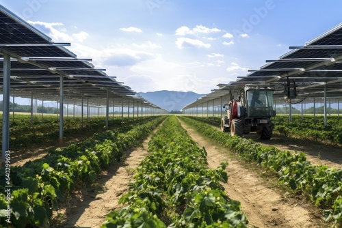Agrivoltaics, Solar panels used along with agricultural crops, Renewable energy ESG 2050 carbon neutrality, 	
 photo