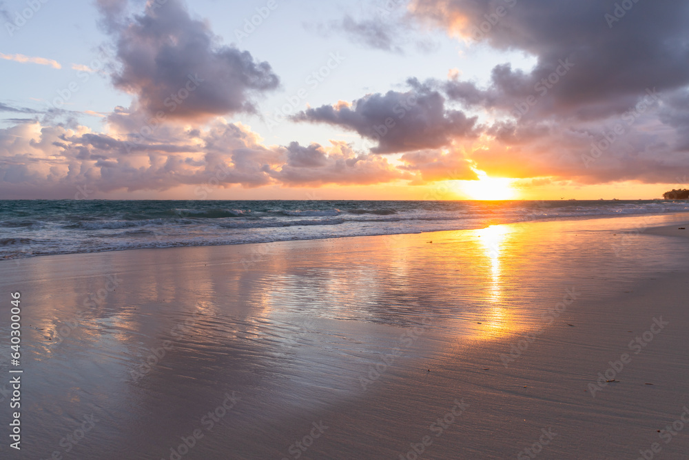 Sunrise over Atlantic ocean coast. Dominican republic, Bavaro beach