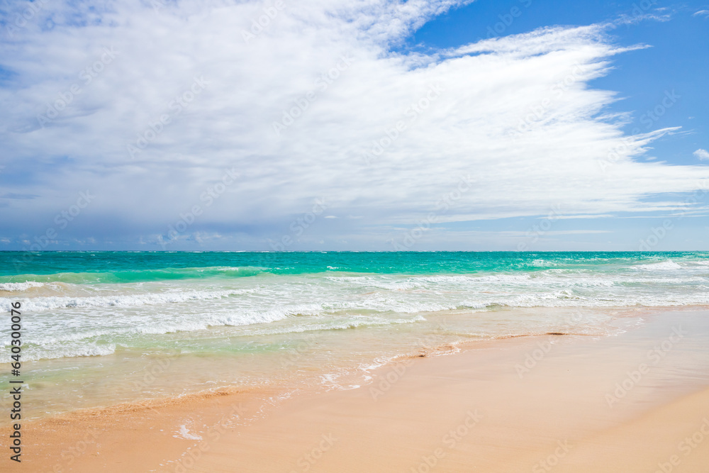 Caribbean landscape with shore waves on a sunny day. Dominican republic