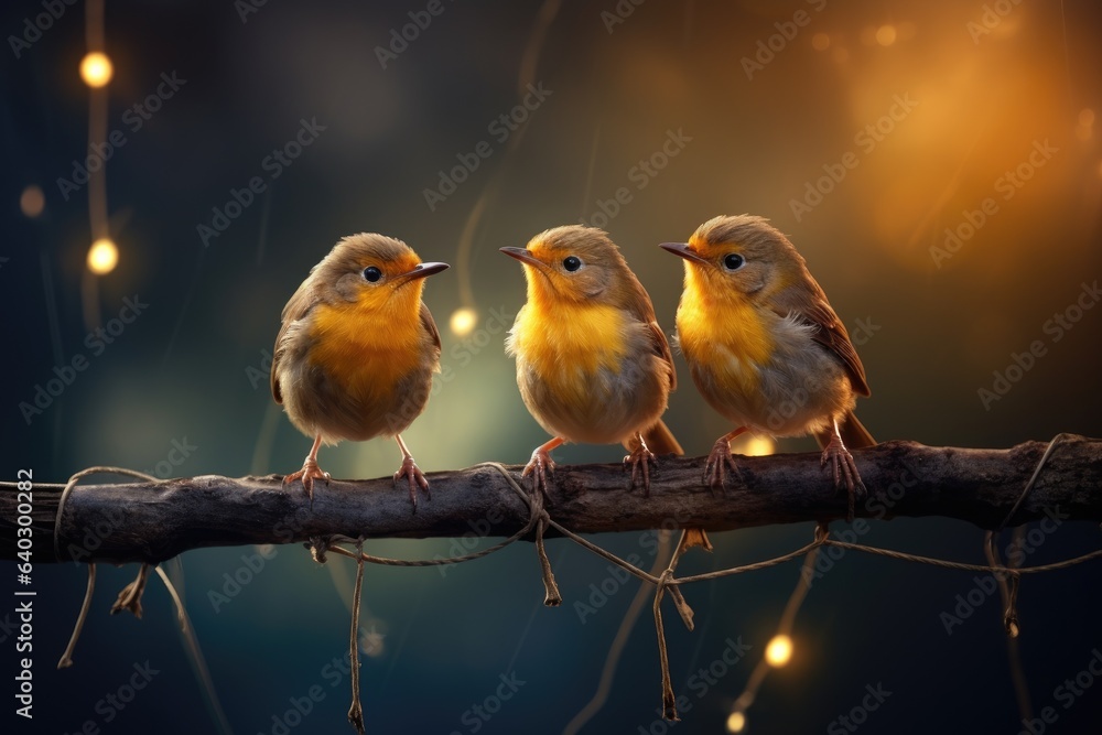 Fototapeta premium Three birds sitting on branch