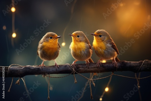 Three birds sitting on branch © kardaska
