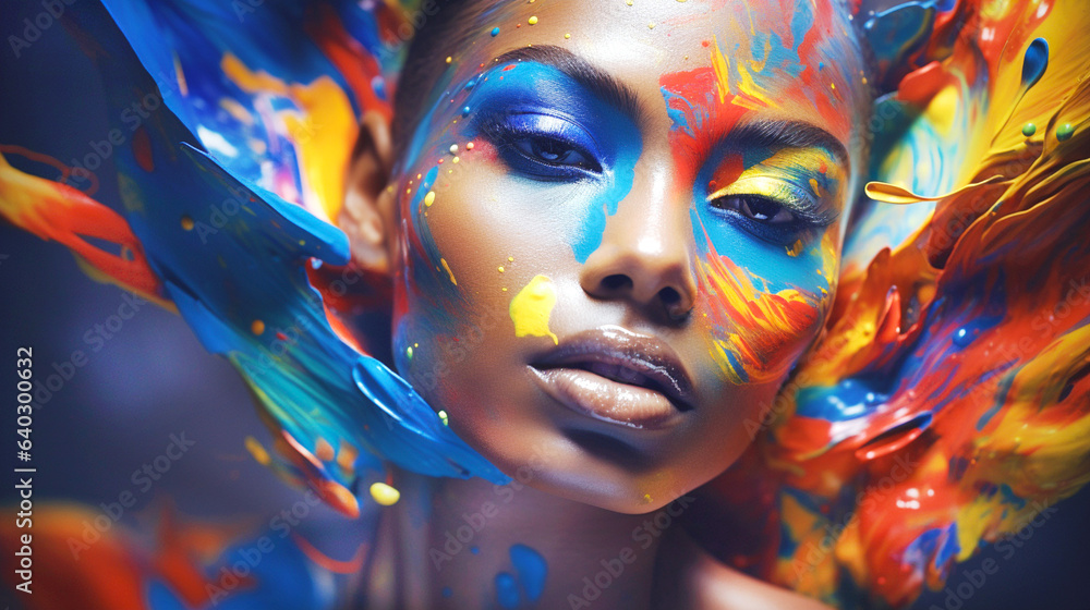  Fashion model face with fantasy art make-up. Youth trend - unusual bright combinations, lines on the face. Design of new modern femininity, creativity symbol. Close-up.Banner