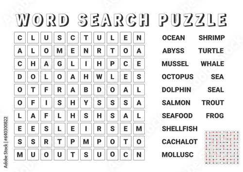 Vector illustration. Word search puzzle. Crossword puzzle on the ocean and the sea