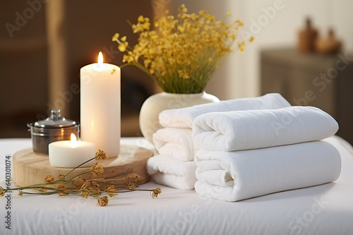Towels  Herbal Bags  and Beauty Treatments in a Tranquil White Room Setting at the Spa Center. created with Generative AI