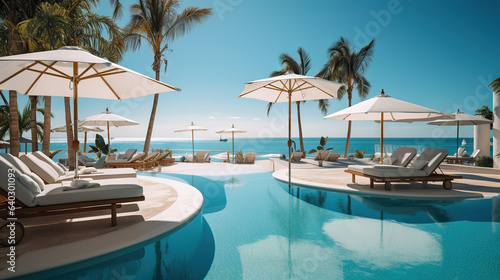 Seaside Retreat Luxurious Swimming Pool and Loungers with Umbrellas, Framed by Palm Trees and Blue Sky near the Beach. created with Generative AI