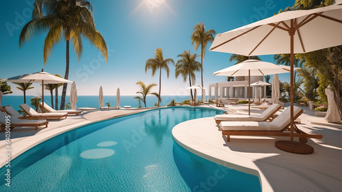 Seaside Retreat Luxurious Swimming Pool and Loungers with Umbrellas, Framed by Palm Trees and Blue Sky near the Beach. created with Generative AI