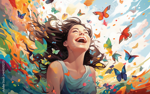 Painting of a laughing girl with a colorful butterfly background