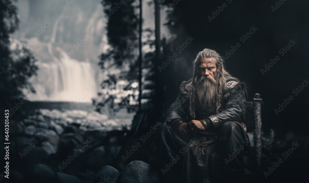 Wikinger-Mann im Tal vor der Kulisse eines Wasserf
