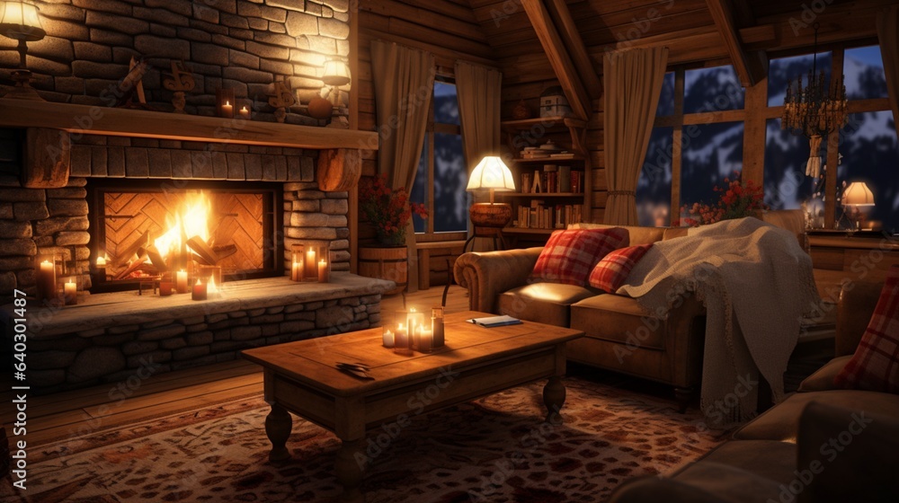 Ski Lodge , A cozy ski lodge with a roaring fireplace, vintage ski gear as decor, and plush seating Ski Lodge , A cozy ski lodge with a roaring fireplace, vintage ski gear as decor, and plush seating