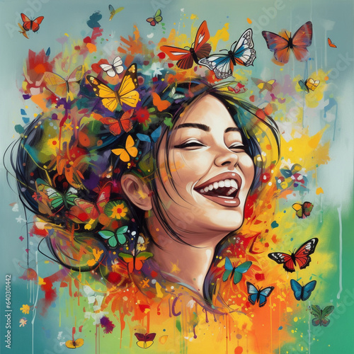 Illustration of a laughing happy woman's head engulfed in colorful, beautiful butterflies and flowers