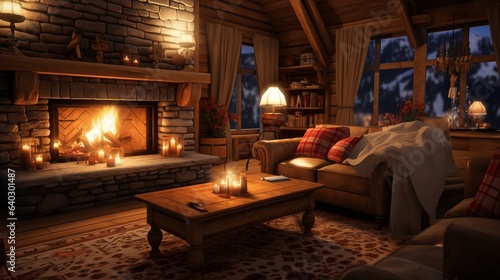 Ski Lodge   A cozy ski lodge with a roaring fireplace  vintage ski gear as decor  and plush seating