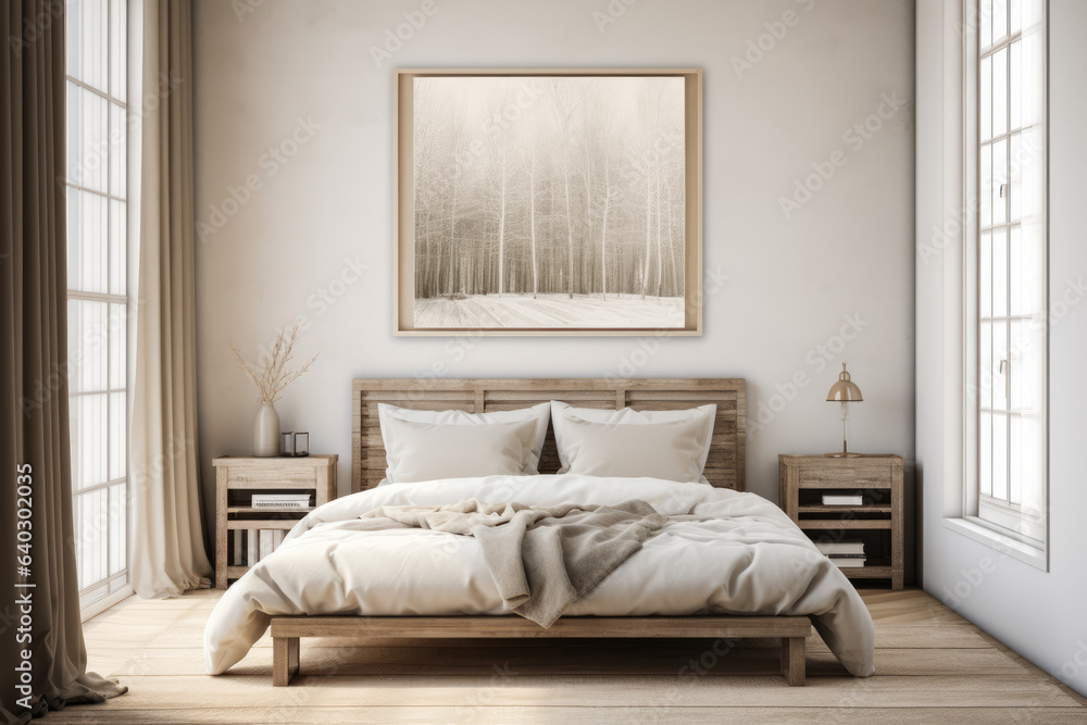 Fototapeta premium Bright bedroom with a wooden slatted bed.