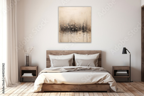 Bright bedroom with a wooden slatted bed.