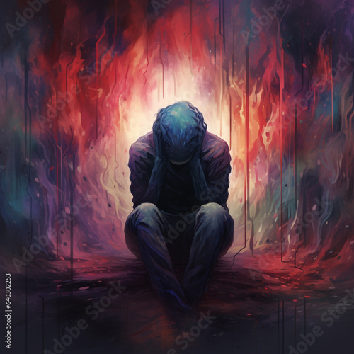 Illustration of a person being crunched down and almost swallowed by a dark, negative background, symbolizing depression