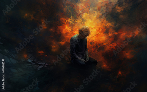 Illustration of a person being crunched down and feeling negative emotions such as sadness and depression engulfed by a dark background