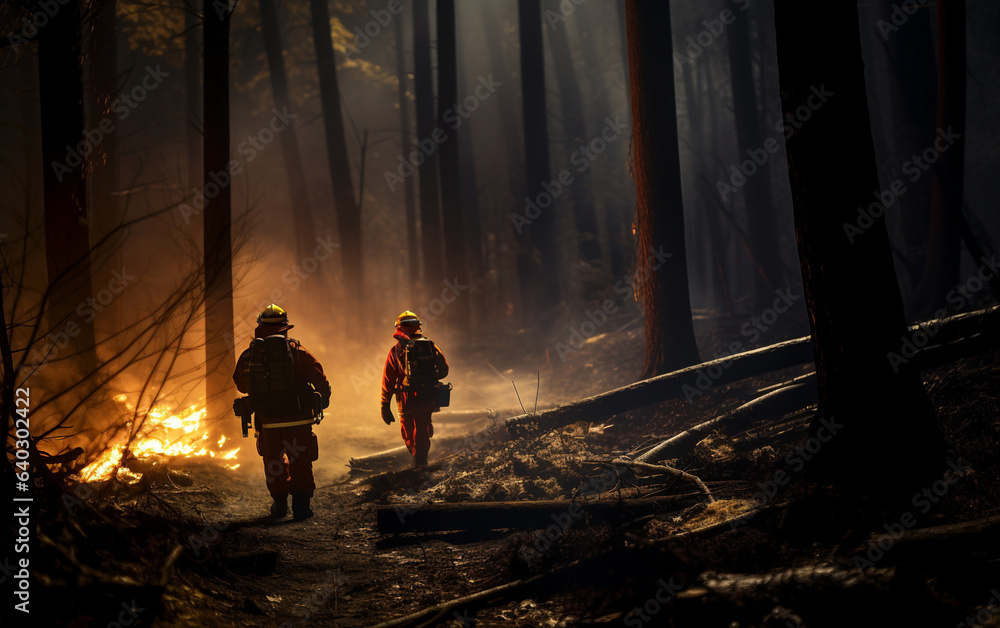 Photo of firefighters in front of a spreading wildfire Photo of firefighters in front of a spreading wildfire
