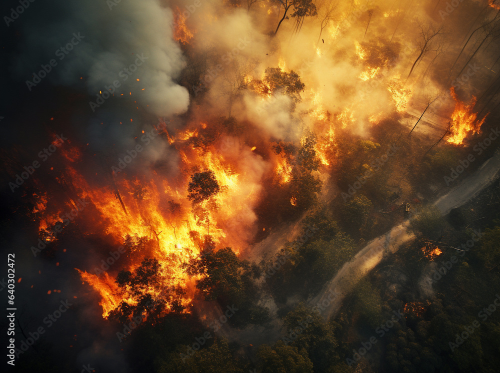 Photo of a large wildfire from above burning down the whole forest with big dangerous flames and a lot of smoke