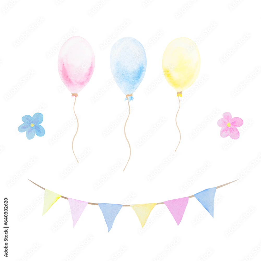 Colorful garland , balloons and flowers. Hand drawn watercolor painting in children's style. Cute design element for greeting card, invitation, textiles. Can be used in kid's products and print
