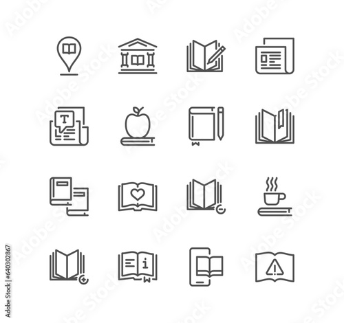 Set of books related icons, text, bookmark, learning, diary, library, newspaper and linear variety vectors. 