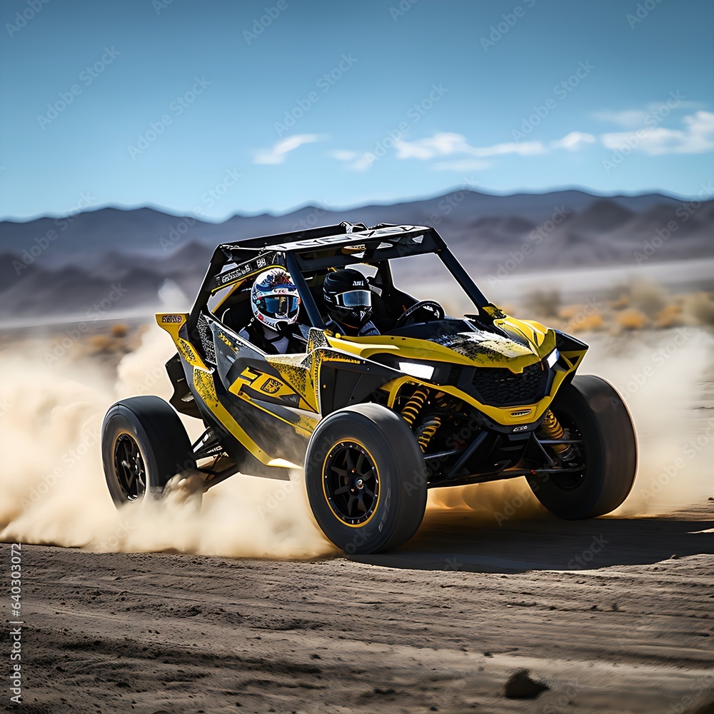 Yellow side by side racing through the dirt Yellow side by side racing through the dirt