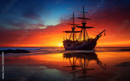 Vibrant scene of a pirate sailboat at anchor at the shore. The vessel is silhouetted and against the sunset with beautiful orange tones on the background
