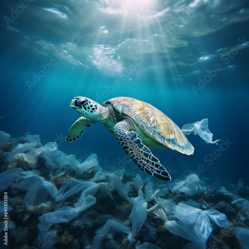 Sea turtle swimming over plastic and trash lying on the ocean floor