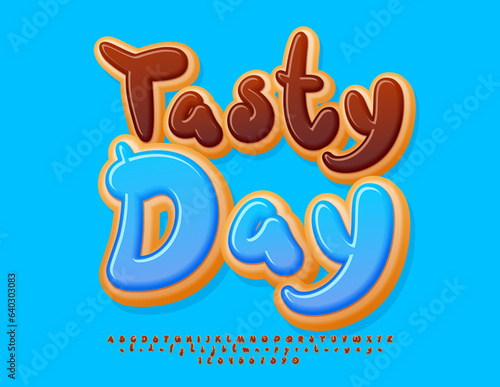 Vector sweet template Tasty Day. Modern Bright Font. Donut style Alphabet Letters and Numbers
