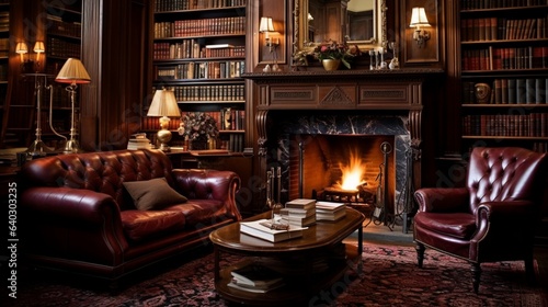 Study , A quiet study filled with leather-bound books, mahogany furniture, and a fireplace © ZUBI CREATIONS