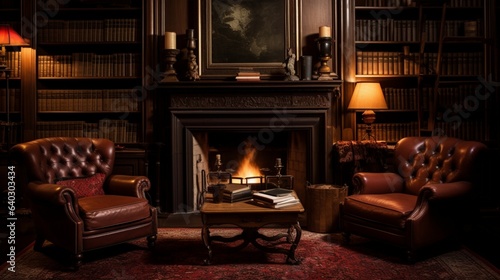 Study , A quiet study filled with leather-bound books, mahogany furniture, and a fireplace