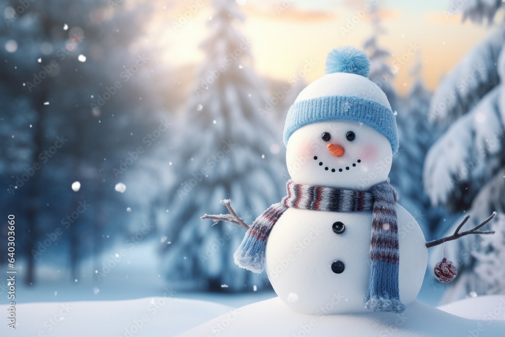 Panoramic view of happy snowman in winter scenery. Close-up