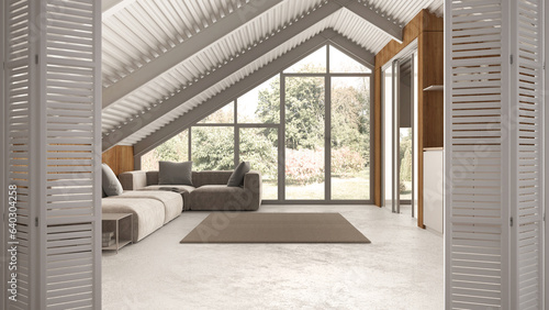 White folding door opening on minimalist mansard mezzanine living room with sofa and kitchen, resin floor and panoramic window, architect designer concept